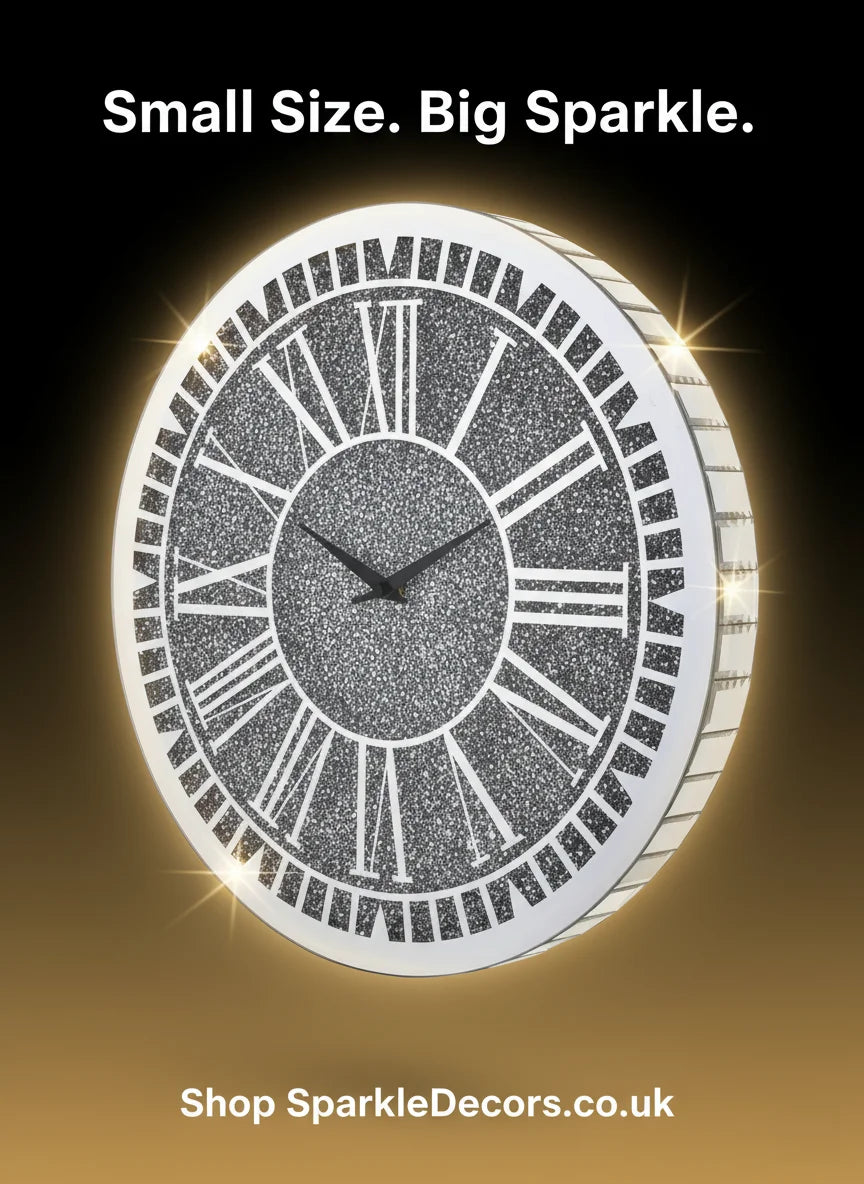 Bevelled Diamante Round Wall Clock 40cm – Silent Silver Luxury Wall Design | Sparkle Decors UK